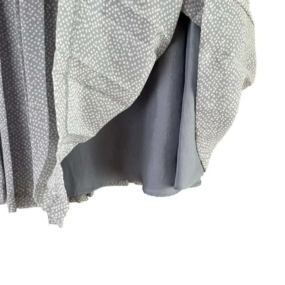 Club Monaco Silk Pleated Polka Dot Midi Skirt in‎ Gray and White, Size 2